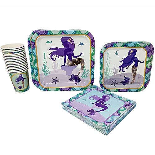 Blue Orchards Mermaid Party Supplies Pack (65+ Pieces for 16 Guests!), Mermaid Birthday Plates, Tableware
