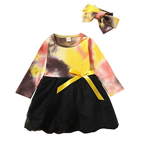 Toddler Baby Girl Fall Outifts Dress Kids Long Sleeve Ribbed Tie Dye Print Tulle Tutu Dress Skirts with Headband Clothes Sets -Tie Dye Yellow 5-6X- Toddler Baby Girl Fall Outifts Dress Kids Long Sleeve Ribbed Tie Dye Print Tulle Tutu Dress Skirts with Headband Clothes Sets -Tie Dye Yellow 5-6X-