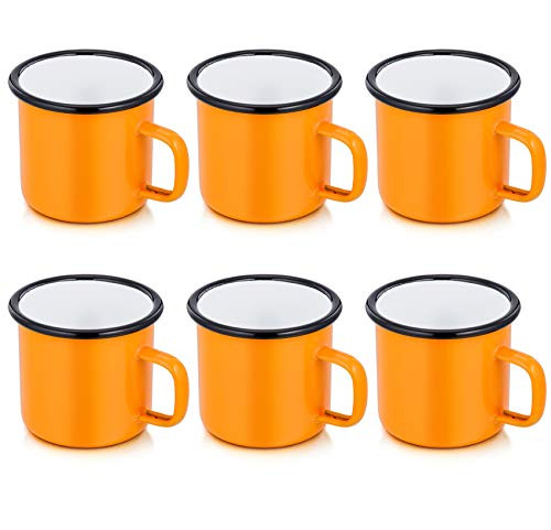 Yellow Enamel Camping Mugs Set of 6 P and P CHEF 12oz Small Coffee Camp Enamel Tea Cups for Indoor and Outdoor Activities Wide Handle  and  Smooth Rim Portable  and  Durable 350ml
