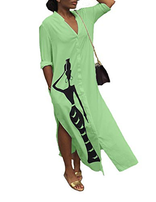 Ophestin Womens Casual Graphic Print Long Sleeve Collar Button Down Loose Boyfriend Pockets Slit Blouse Shirt Long Maxi Dress Green XXXL Ophestin Womens Casual Graphic Print Long Sleeve Collar Button Down Loose Boyfriend Pockets Slit Blouse Shirt Long Maxi Dress Green XXXL