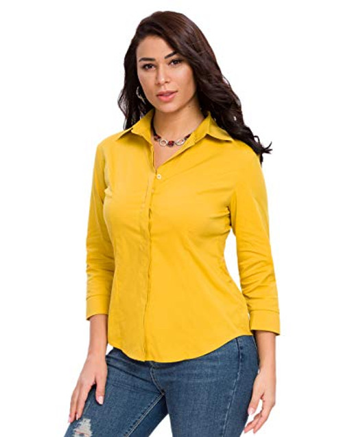 Riatobe Womens Button Down Shirts Basic Official Formal 3/4 Sleeve Blouse Tops Yellow