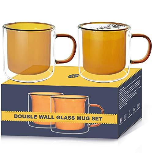 TKS Espresso Cups Double Wall Insulated Glass Coffee Cups -200ML Set Of 2- Glass Coffee Mugs With Handle - 6.8-Ounces Tea Cups Yellow Clear Gifts -Tea Latte Glassware-