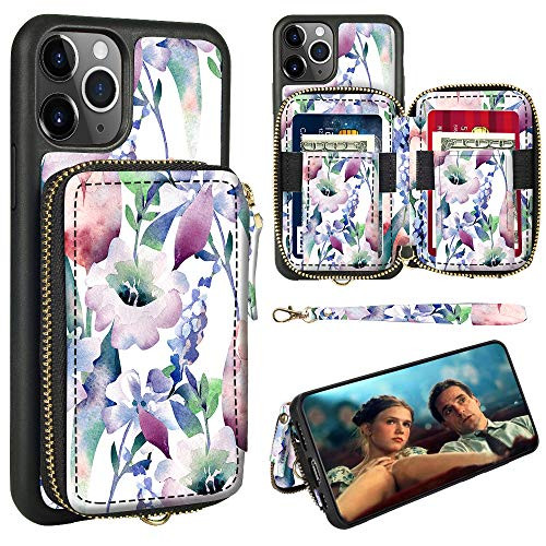 ZVE Floral Print Case Compatible with iPhone 12/12 pro Case with Zipper Card Holder Slot Wrist Strap Women Handbag Protective Leather Case Cover for 2020 iPhone 12 Pro/iPhone 12 6.1 inch - Flower 03