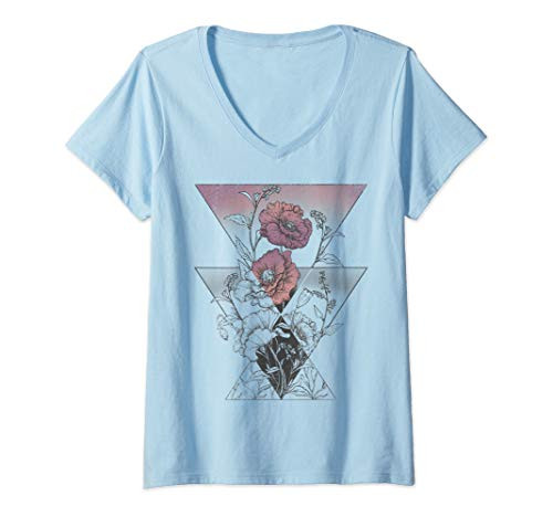 Womens Geometric Flowers And Triangles Color Fade V-Neck T-Shirt