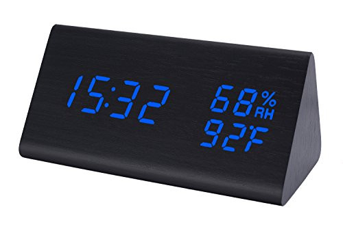 Raercodia Alarm Clock Wooden Digital Clock Modern Decorative Electronic LED Desk Clock Display Time Date Temperature Humidity 3 Alarms Brightness Adjustable for Home Office Bedroom(Black,Blue)