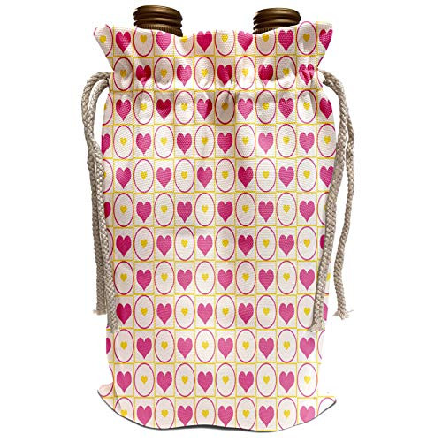 3dRose Anne Marie Baugh - Patterns - Pink and Yellow Hearts In Squares and Circles Pattern - Wine Bag -wbg_215783_1-