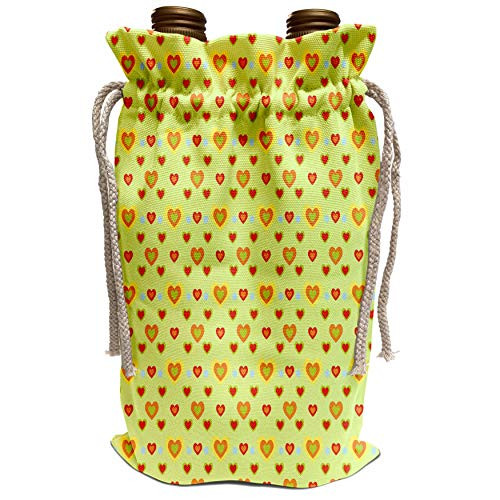 3dRose Anne Marie Baugh - Patterns - Yellow Orange and Green Hearts In Hearts On Light Green Pattern - Wine Bag -wbg_215849_1-