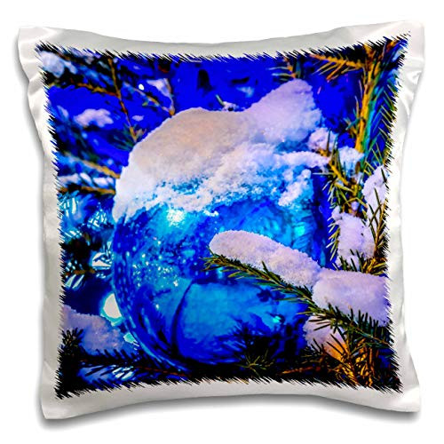 3dRose Snow over the blue ornament ball. Green spruce tree. Christmas. - Pillow Cases -pc_328743_1-