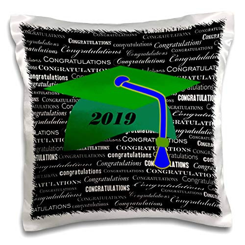 3dRose lens Art by Florene - Graduation - Image of Green Graduation Cap Blue Tassel And 2019 Congrats - 16x16 inch Pillow Case -pc_306819_1-