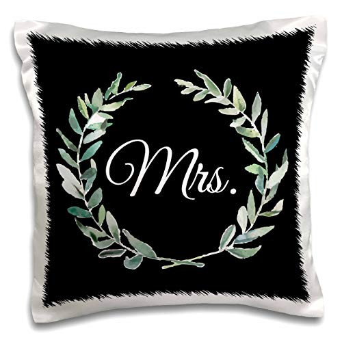 3dRose White Mrs. inside a wreath of green leaves on black background. - Pillow Cases -pc_337533_1-