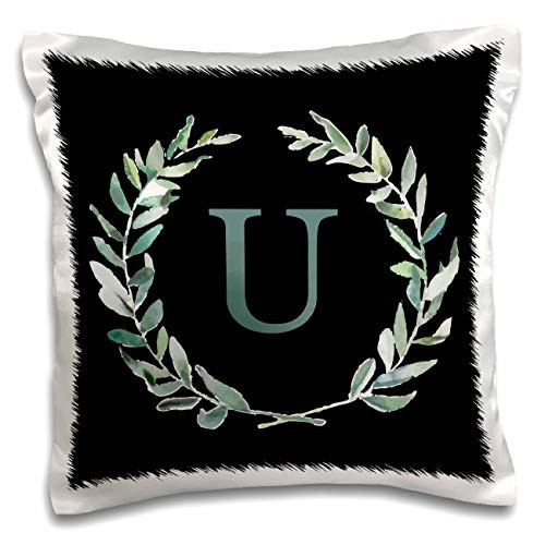 3dRose Wreath with monogram initial letter U in green on black. - Pillow Cases -pc_337377_1-