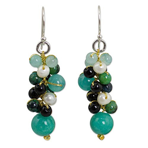 NOVICA Multi-Gem Cultured Freshwater Pearl Sterling Silver Plated Beaded Earrings Verdant Vineyard NOVICA Multi-Gem Cultured Freshwater Pearl Sterling Silver Plated Beaded Earrings Verdant Vineyard