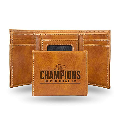 Rico Industries NFL Tampa Bay Buccaneers Super Bowl LV Champions Laser Engraved Trifold Wallet Brown 3.24 x 4-inches