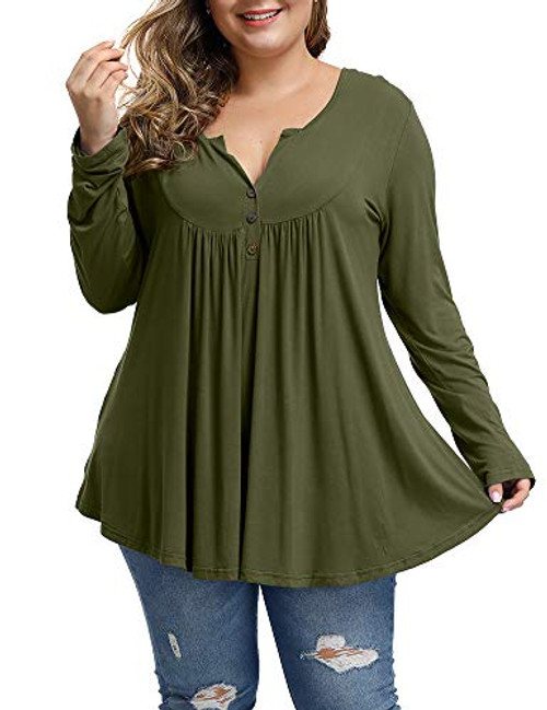 Allegrace Womens Plus Size Tunics Button Up Henley V Neck Tops Pleated Long Sleeve Tunic Shirts Army Green 14W Allegrace Womens Plus Size Tunics Button Up Henley V Neck Tops Pleated Long Sleeve Tunic Shirts Army Green 14W