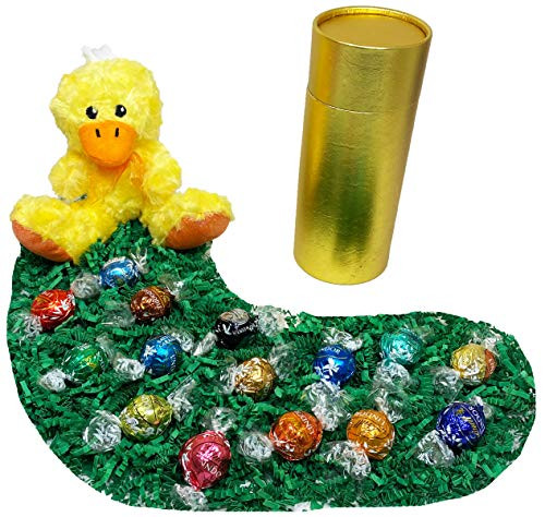 Easter Gourmet Chocolates Gift Basket Box - Lindt Lindor Gourmet Truffles and Plush Easter Stuffed Animal -Sparkly Yellow Easter Chick-