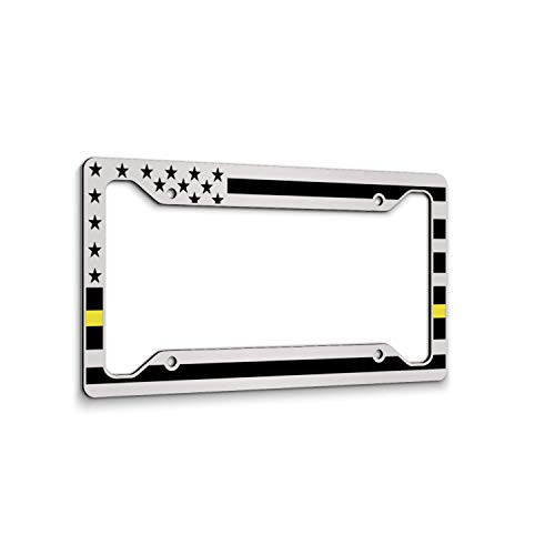 JASS GRAPHIX American Flag License Plate Frame - Thin Yellow Line- Car Tag Frame -Yellow On White Dispatchers Security Loss Prevention Tow Truck Drivers
