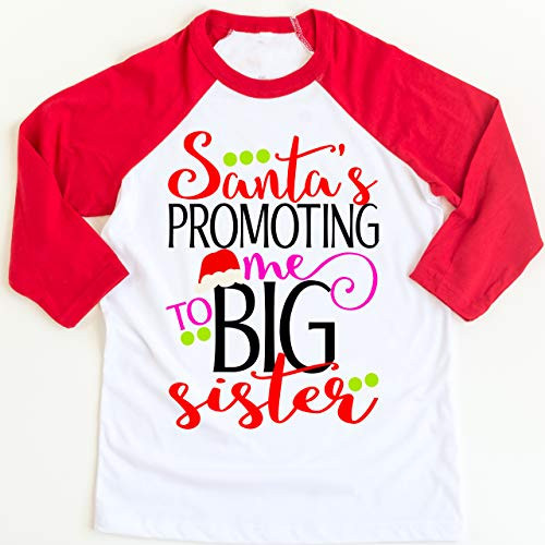 Christmas Shirt for Big Sister Santa Is Promoting Me To Big Sister Shirt Red Raglan Shirt Gift Girl Pregnancy Announcement