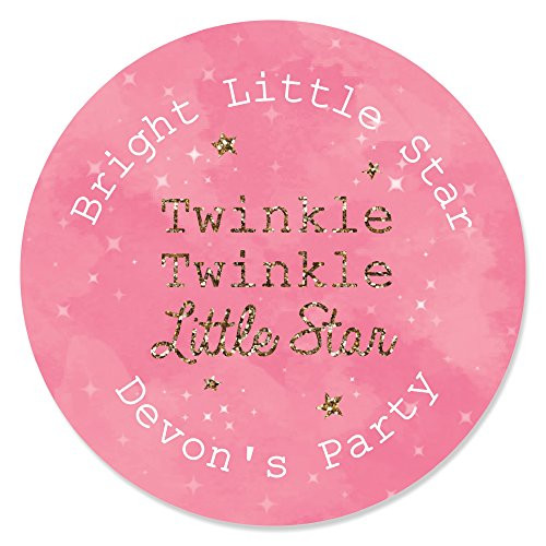 Big Dot of Happiness Custom Pink Twinkle Twinkle Little Star - Personalized Baby Shower or Birthday Party Circle Sticker Labels - 24 Count