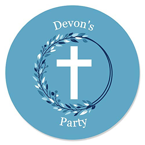 Personalized Blue Elegant Cross - Custom Boy Religious Party Favor Circle Sticker Labels - Custom Text - 24 Count