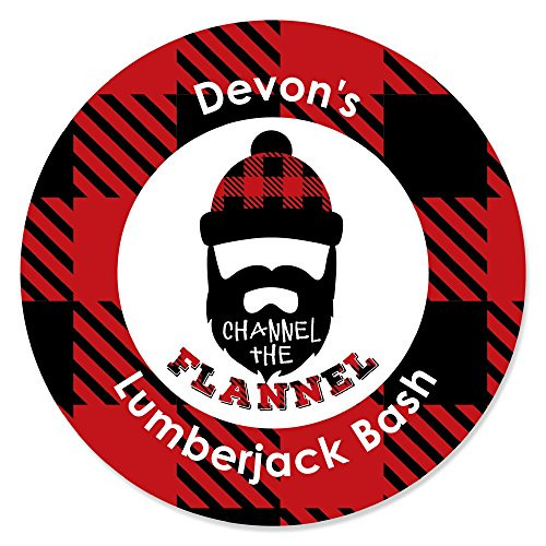 Big Dot of Happiness Personalized Lumberjack - Channel The Flannel - Custom Buffalo Plaid Party Favor Circle Sticker Labels - Custom Text - 24 Count