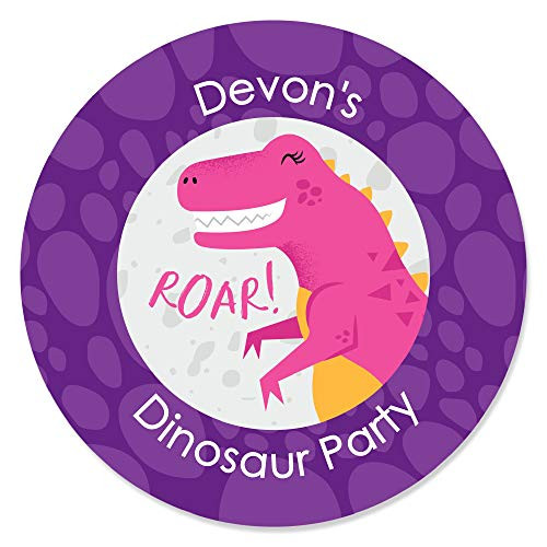 Personalized Roar Dinosaur Girl - Custom Dino Mite Trex Baby Shower or Birthday Party Favor Circle Sticker Labels - Custom Text - 24 Count