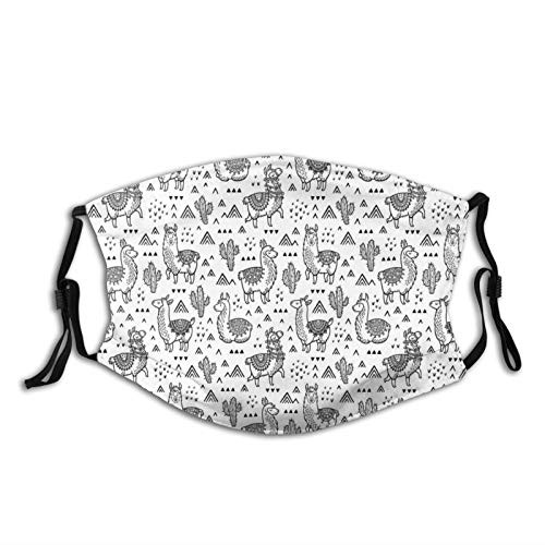 Fillter Face Cloth for Men and Women Abstract Triangles With Doodle Style Alpacas In Monochrome Cartoon Pattern Reusable Windproof Mouth Anti Dust Double Protection Fillter Face Cloth for Men and Women Abstract Triangles With Doodle Style Alpacas In Monochrome Cartoon Pattern Reusable Windproof Mouth Anti Dust Double Protection