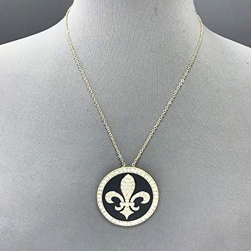 Trendy Gold Finish Circle Black Rhinestone Fleur De Lis Design Pendant Necklace Fashion Jewelry for Women Man Trendy Gold Finish Circle Black Rhinestone Fleur De Lis Design Pendant Necklace Fashion Jewelry for Women Man