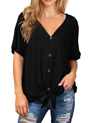 IWOLLENCE Womens Waffle Knit Tunic Blouse Tie Knot Short Sleeve Henley Tops Loose Fitting Bat Wing Shirts Black Medium
