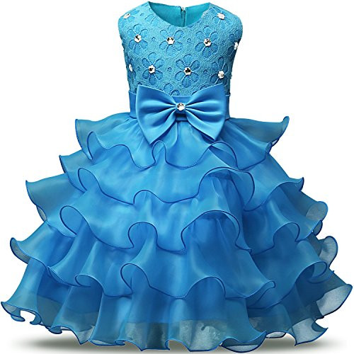 NNJXD Girl Dress Kids Ruffles Lace Party Wedding Dresses Size -140- 6-7 Years Light Blue