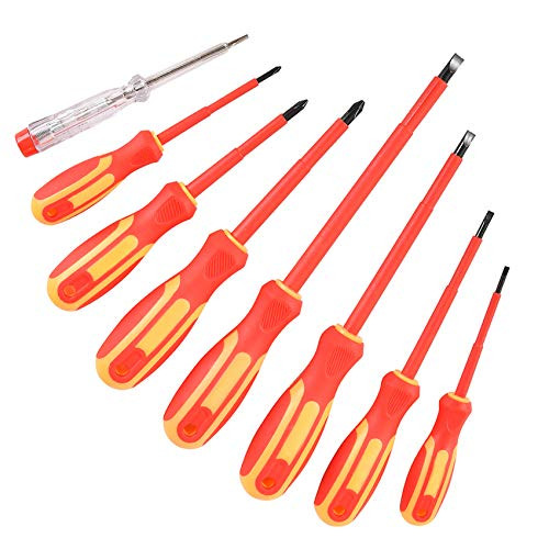 8-Piece 1000V Insulated Electrician Screwdrivers Set with Magnetic Tips Phillips and Slotted Bits high voltage Electrician screwdriver set Test Pen Electroprobe and Carry Case