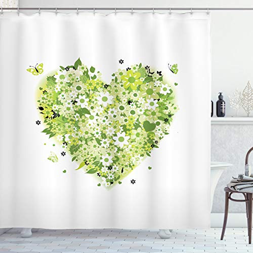 Ambesonne Green Flower Shower Curtain Floral Heart Design Summer Elements Love Valentines Day Inspired Cloth Fabric Bathroom Decor Set with Hooks 70 inch Long Pale Green