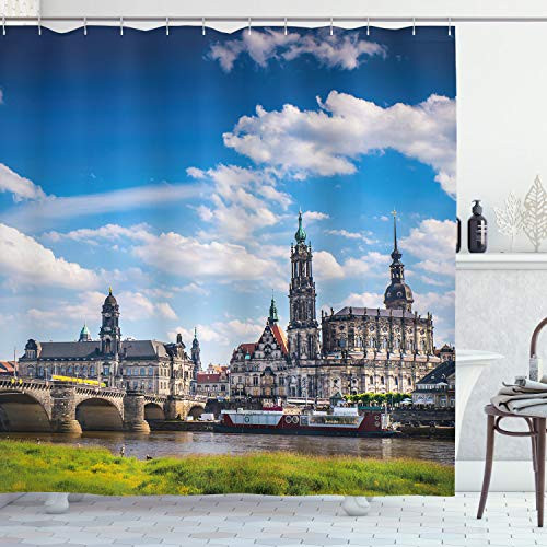 Ambesonne Cityscape Shower Curtain Town Dresden Old German Architecture Historical European Scenery Image Cloth Fabric Bathroom Decor Set with Hooks 70 inch Long Blue Green