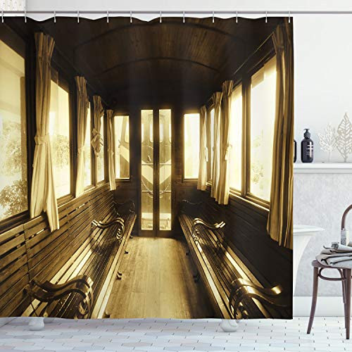 Ambesonne Antique Shower Curtain Old Vintage Train Salon Inside Historical Transport Windows with Curtains Arch Shape Cloth Fabric Bathroom Decor Set with Hooks 70 inch Long Light Brown