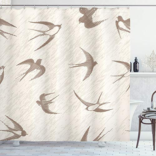 Ambesonne Birds Shower Curtain Flying Bird Swallow Vintage Design Illustration Springtime Wildlife Classic Art Cloth Fabric Bathroom Decor Set with Hooks 70 inch Long Beige Brown