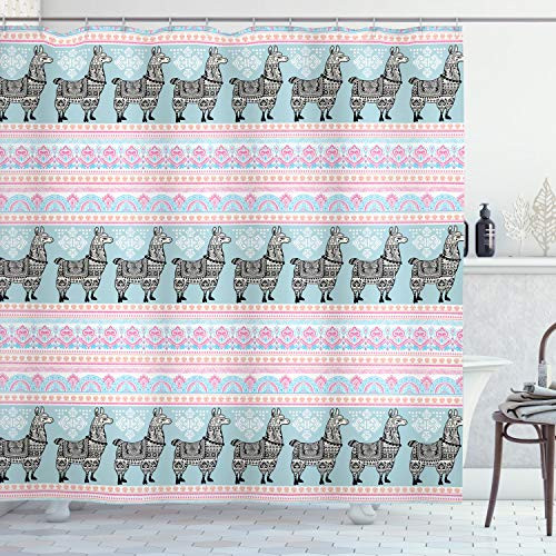 Ambesonne Llama Shower Curtain Horizontal Borders with Patterned Alpaca Animal and Folkloric Ornaments Cloth Fabric Bathroom Decor Set with Hooks 70 inch Long Seafoam Pink