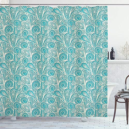 Ambesonne Teal Shower Curtain Classical Lace Style Pattern with Romantic Feminine Elements Inspired Artwork Print Cloth Fabric Bathroom Decor Set with Hooks 70 inch Long Teal Beige