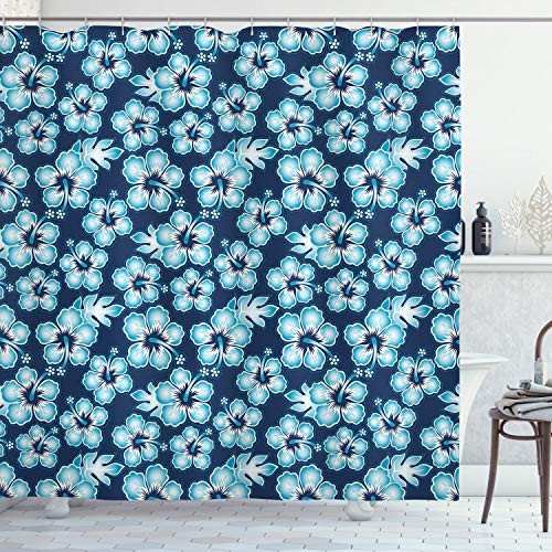 Ambesonne Navy Shower Curtain Hibiscus Hawaiian Tropical Island Flowers Petals and Buds Leaves Art Print Cloth Fabric Bathroom Decor Set with Hooks 70 inch Long Dark Blue