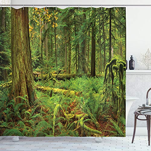 Ambesonne Tree Shower Curtain Idyllic Rainforest in Canadian Island Ferns Moss on Plant Nature Ecology Photo Cloth Fabric Bathroom Decor Set with Hooks 70 inch Long Green