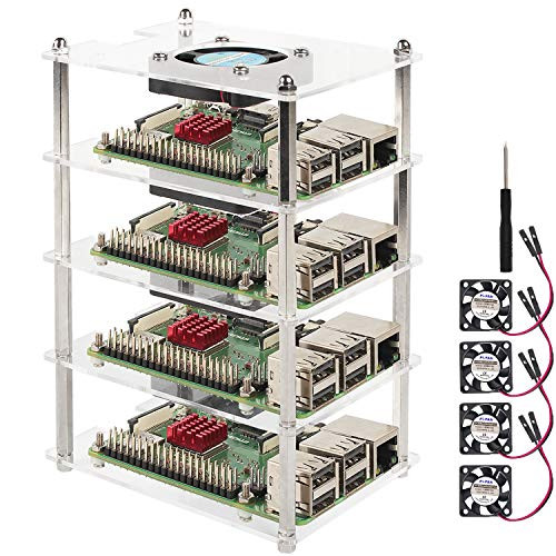 Eau 4 Slot Raspberry Pi 4 Cluster Case Raspberry Pi 3 Clear Case with Cooling Fan 4 Layers Acrylic Case Pi Rack Case Stackable Case for Raspberry Pi 3B Plus Raspberry Pi 3/2 Model B