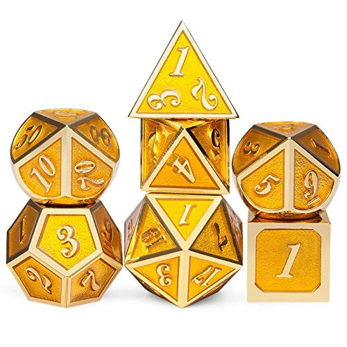 DND Gold Metal Dice Set 7 PCS Glossy Metal Dice with Gift Metal Tin for Dice Collector Board Game Player Dungeons and Dragons Dice