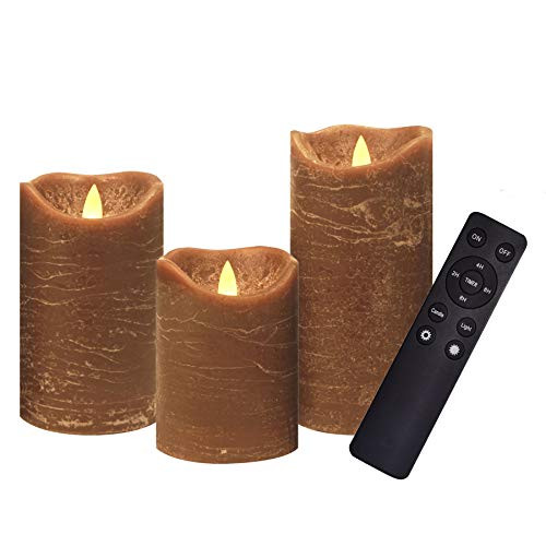 3 Pack Real Wax Flameless Candles Battery Operated LED Pillar Flickering Realistic Electric Candle Gift Sets with Remote Control and Cycling 24 Hours Timer 3D X 4 inch5 inch6 inchH -Brown-