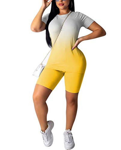Women Casual Two Piece Outfits Tie Dye Sweatshirt Biker Shorts Set Jogger Sweatsuit Jumpsuit Tracksuit Yellow M