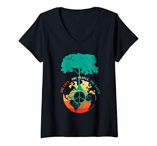 Womens World Peace Tree Love People Peace Sign Earth Day Gift V-Neck T-Shirt