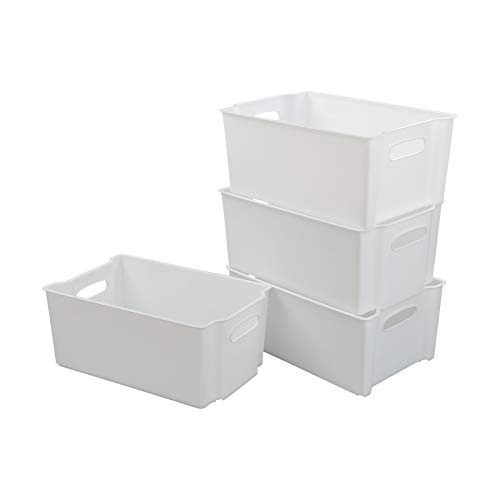 Easymanie White Stacking Basket for Pantry Stackable Plastic Bins for Organizing Set of 4