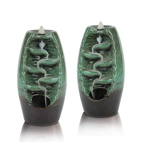 ComSaf Backflow Incense Burner Ceramic Waterfall Incense Holder Handmade Porcelain Censer Incense Cones Holder Aromatherapy Ornament Gift for Home Decor Yoga Spa Meditation Green 2pcs