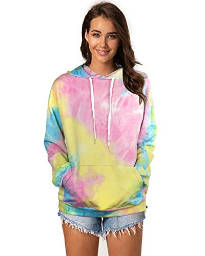 Maintain Vigour Womens Tie Dye Hoodie Sweatshirts Long Sleeve Drawstring Pullover Top with Pocket -Blue-YellowXX-Large-