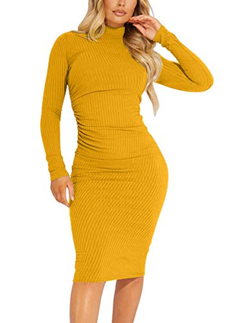 Kaximil Womens Ribbed Basic Casual Midi Dress Long Sleeve Bodycon Ruched Club Dresses Medium Mustard