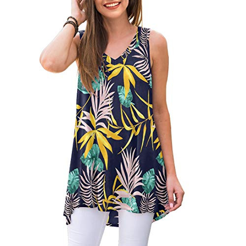 AWULIFFAN Womens Summer Sleeveless V-Neck T-Shirt Short Sleeve Sleepwear Tunic Tops Blouse Shirts -Flower Yellow Leaf NavyMedium-