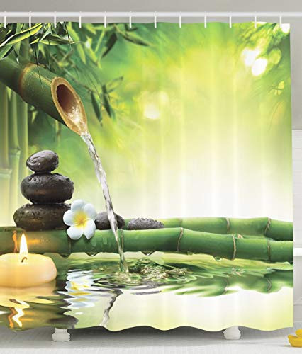 JXHLMS Spa Shower Curtain Meditation and Picture of Bamboo Stalks Candle and Basalt Stones Theraphy Relaxing Cloth Fabric Bathroom Decor Set with Hooks 66x72 Long Green Yellow