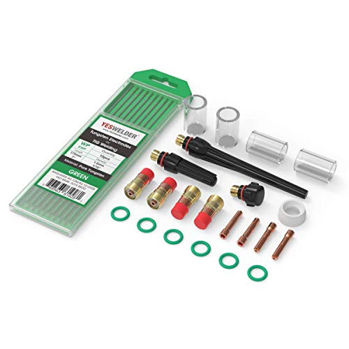 YESWELDER 22PCS TIG Welding Torch Stubby Gas Lens and TIG Welding Tungsten Electrode Pure Tungsten 1/16 inch x 7 inch -Green-